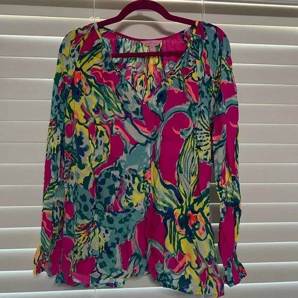 Lilly Pulitzer Pink and Yellow Graphic Long Sleeve Blouse - Picture 1 of 1